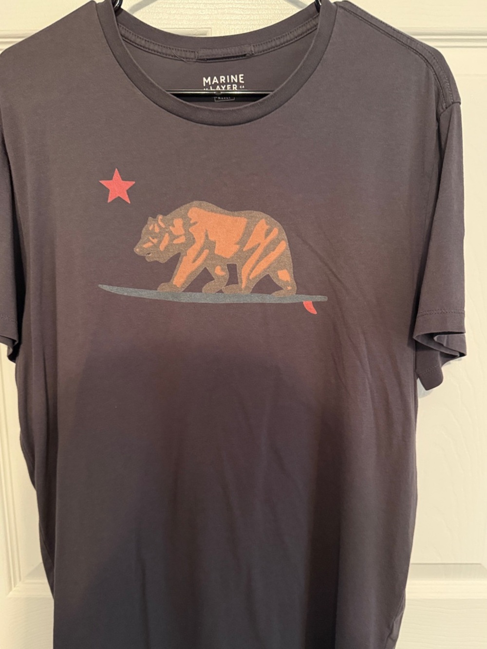 Marine Layer Charcoal Tee with California surfing Bear Graphic